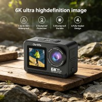 Ourlife 6K Waterproof Action Camera (Bare Metal) - Dual Screen, 6-Axis EIS, Pre-recording, 1200mAh (Black)