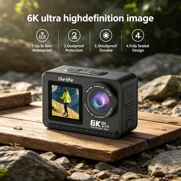 Ourlife 6K Waterproof Action Camera (Bare Metal) - Dual Screen, 6-Axis EIS, Pre-recording, 1200mAh (Black)