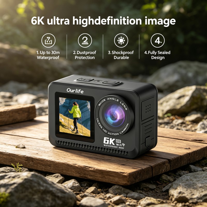 Ourlife 6K Waterproof Action Camera (Bare Metal) - Dual Screen, 6-Axis EIS, Pre-recording, 1200mAh (Black)
