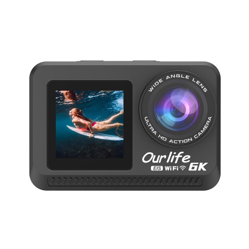 Ourlife 6K Waterproof Action Camera (Bare Metal) - Dual Screen, 6-Axis EIS, Pre-recording, 1200mAh (Black)