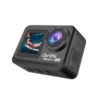 Ourlife 6K Waterproof Action Camera (Bare Metal) - Dual Screen, 6-Axis EIS, Pre-recording, 1200mAh (Black)