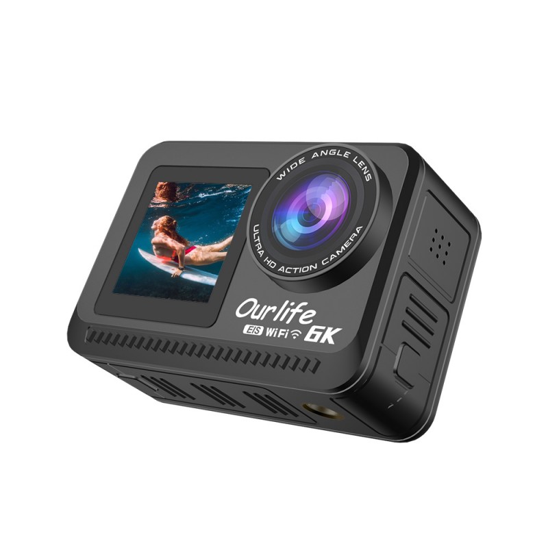 Ourlife 6K Waterproof Action Camera (Bare Metal) - Dual Screen, 6-Axis EIS, Pre-recording, 1200mAh (Black)