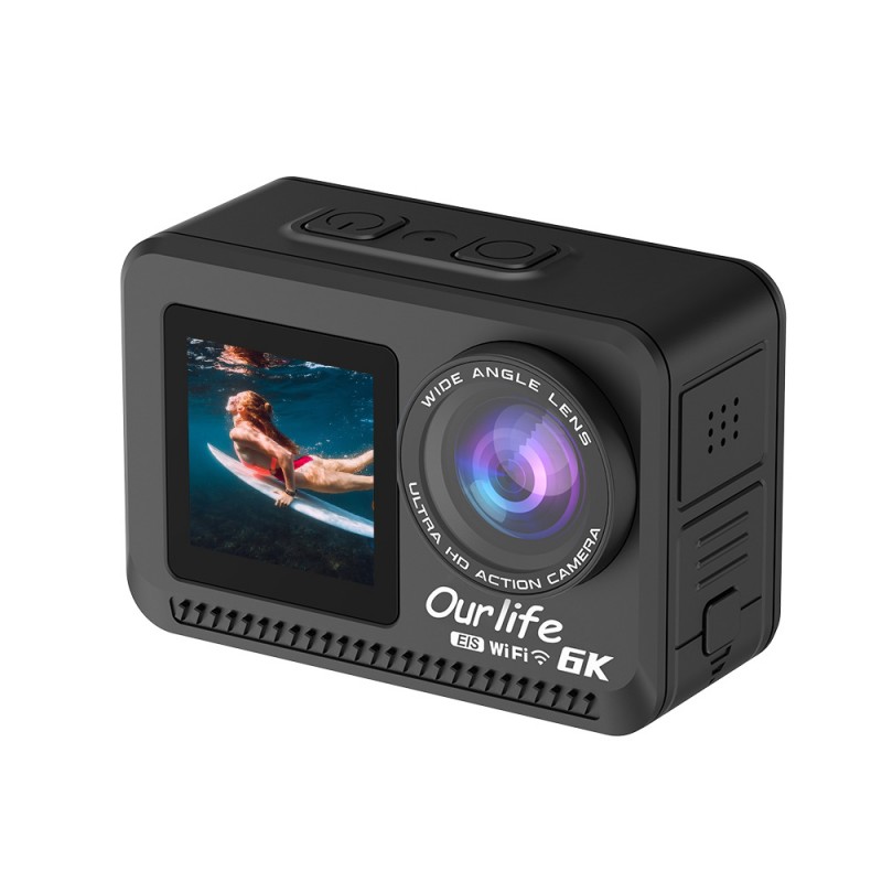 Ourlife 6K Waterproof Action Camera (Bare Metal) - Dual Screen, 6-Axis EIS, Pre-recording, 1200mAh (Black)