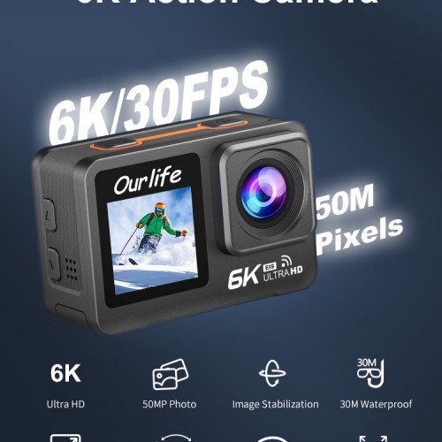 Ourlife 6K Dual-Screen Action Camera - 5K EIS Stabilization, 40M Waterproof, Pre-recording, RF Remote & WiFi (Gray)