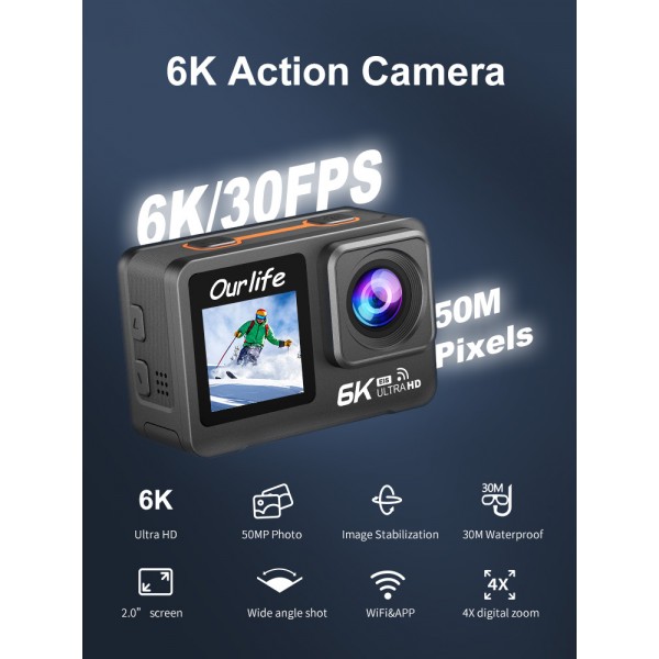 Ourlife 6K Dual-Screen Action Camera - 5K EIS Stabilization, 40M Waterproof, Pre-recording, RF Remote & WiFi (Gray)