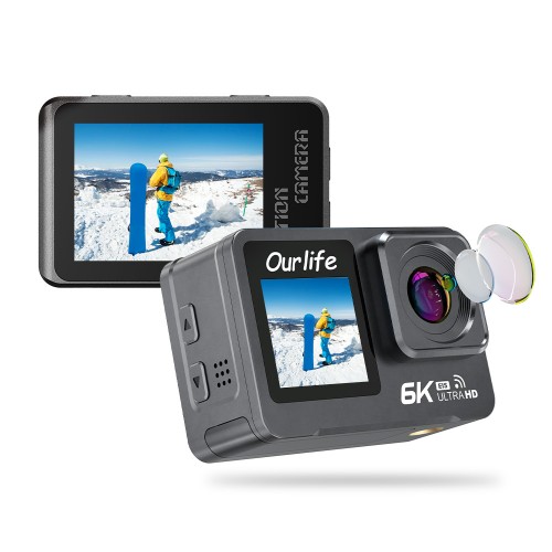 Ourlife 6K Dual-Screen Action Camera - 5K EIS Stabilization, 40M Waterproof, Pre-recording, RF Remote & WiFi (Gray)