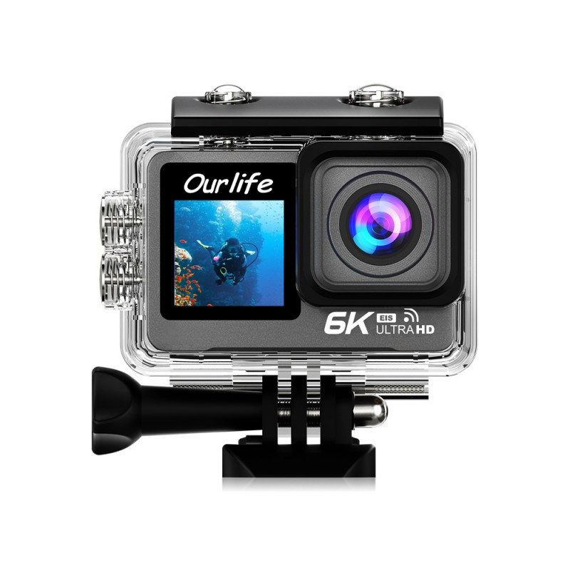 Ourlife 6K Dual-Screen Action Camera - 5K EIS Stabilization, 40M Waterproof, Pre-recording, RF Remote & WiFi (Gray)