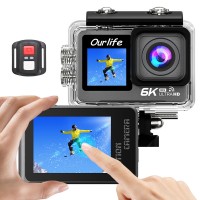 Ourlife 6K Dual-Screen Action Camera - 5K EIS Stabilization, 40M Waterproof, Pre-recording, RF Remote & WiFi (Gray)