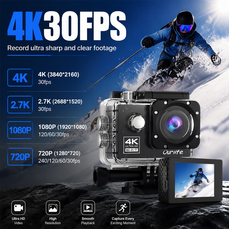Ourlife Best-Value 4K WiFi Action Camera – 170° Wide-Angle