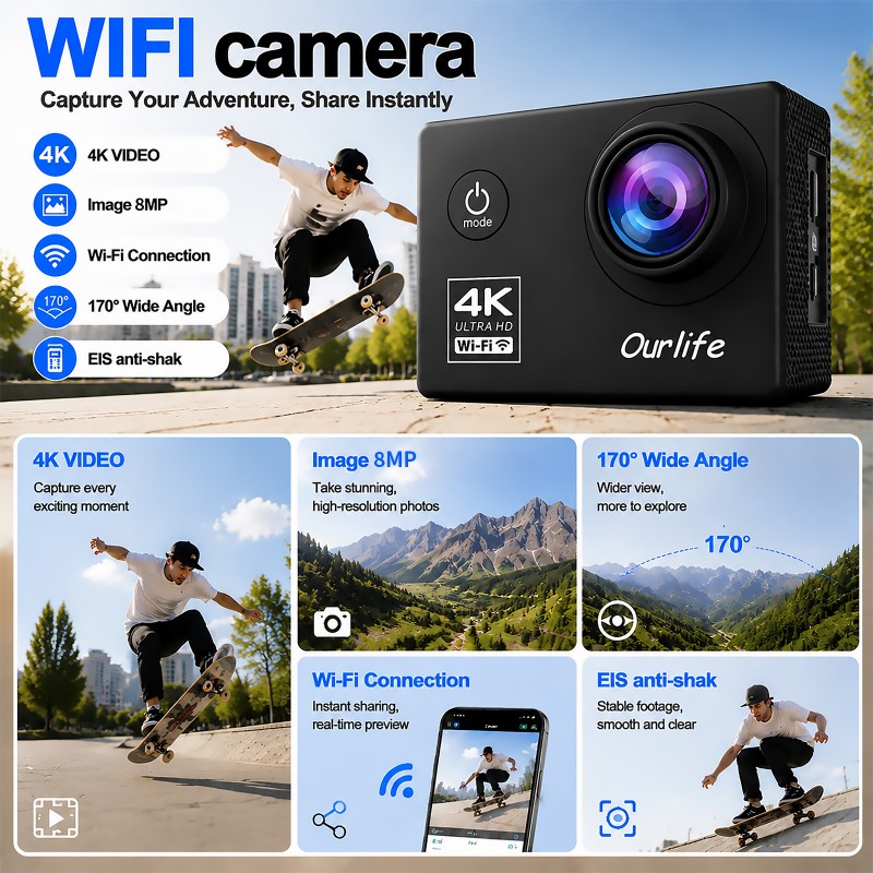 Ourlife Best-Value 4K WiFi Action Camera – 170° Wide-Angle