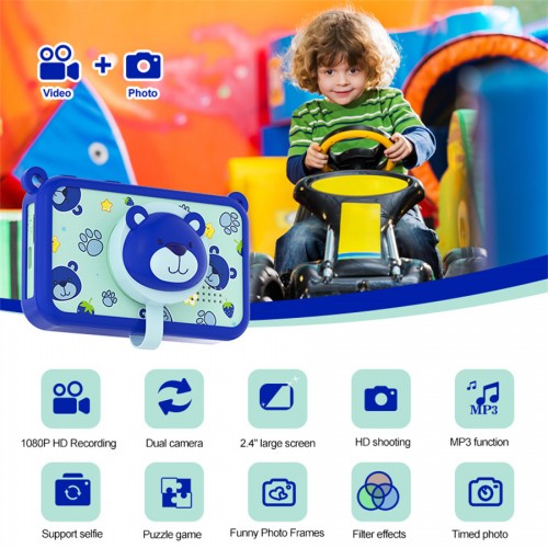 Cute Bear Kids Camera with Silicone Protective Case – Dual Lens, 2.4" HD Screen, 48MP Photos & 1080P Video