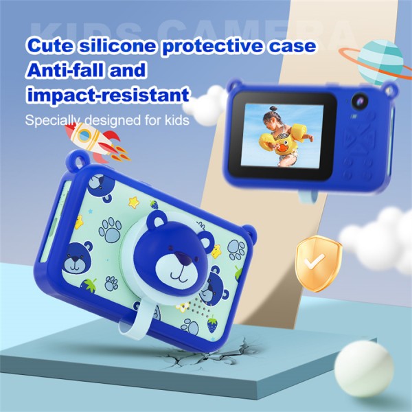 Cute Bear Kids Camera with Silicone Protective Case – Dual Lens, 2.4" HD Screen, 48MP Photos & 1080P Video