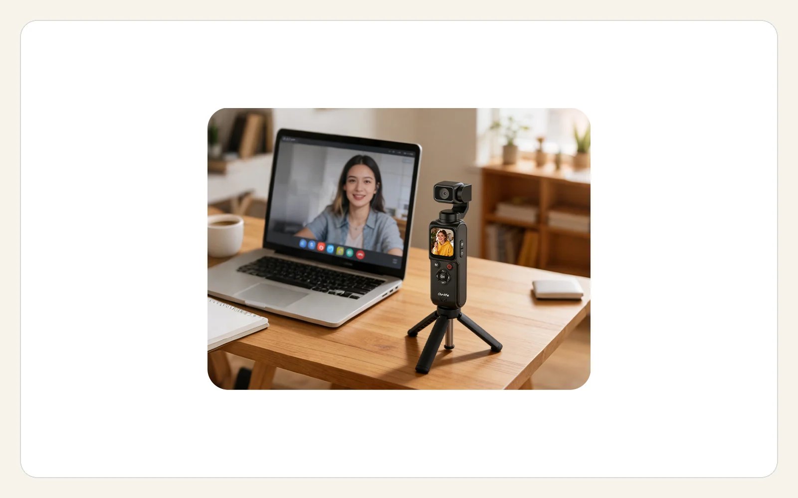 Ourlife AT-M105 on a tripod beside a laptop in a video-call setup