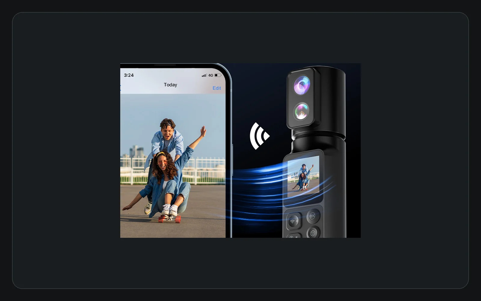 AT-M103 camera and smartphone shown with a skateboarding scene