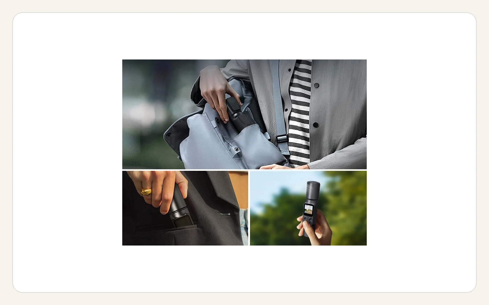 AT-M103 camera shown in bag, pocket and outdoor carry scenes