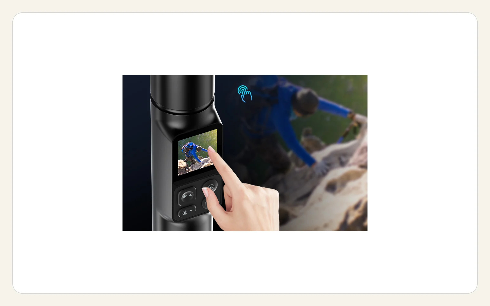 AT-M103 touch interaction shown against a climbing scene