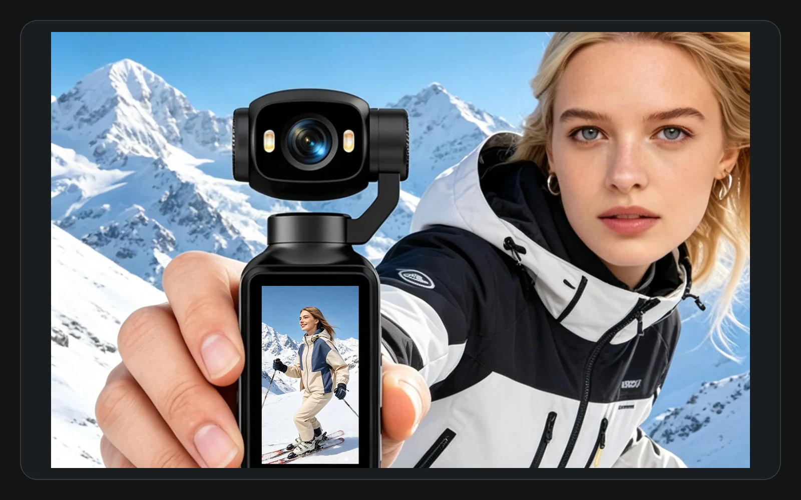 Black AT-H33 camera held in an outdoor snow scene