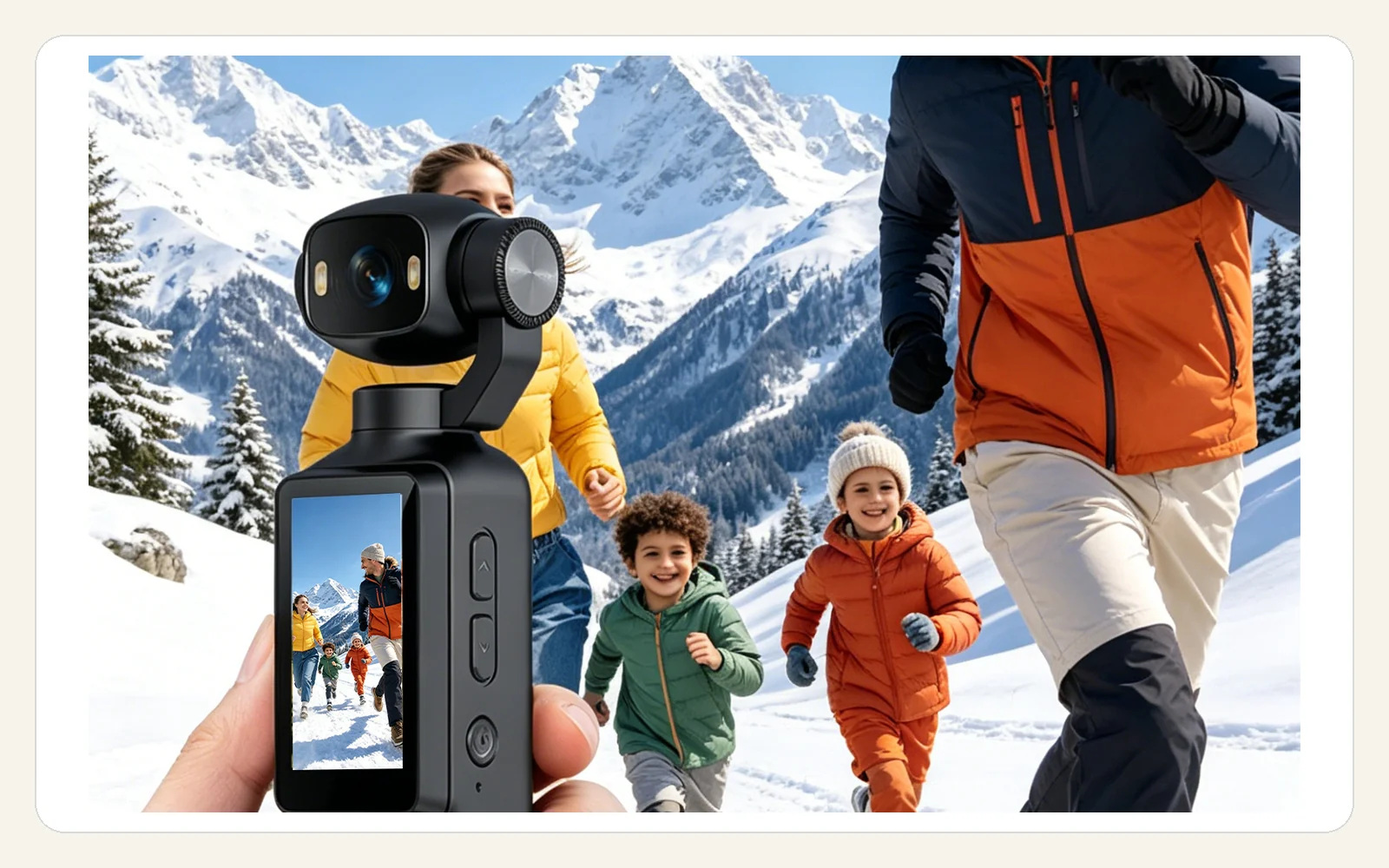 Black AT-H33 camera held during a family snow scene