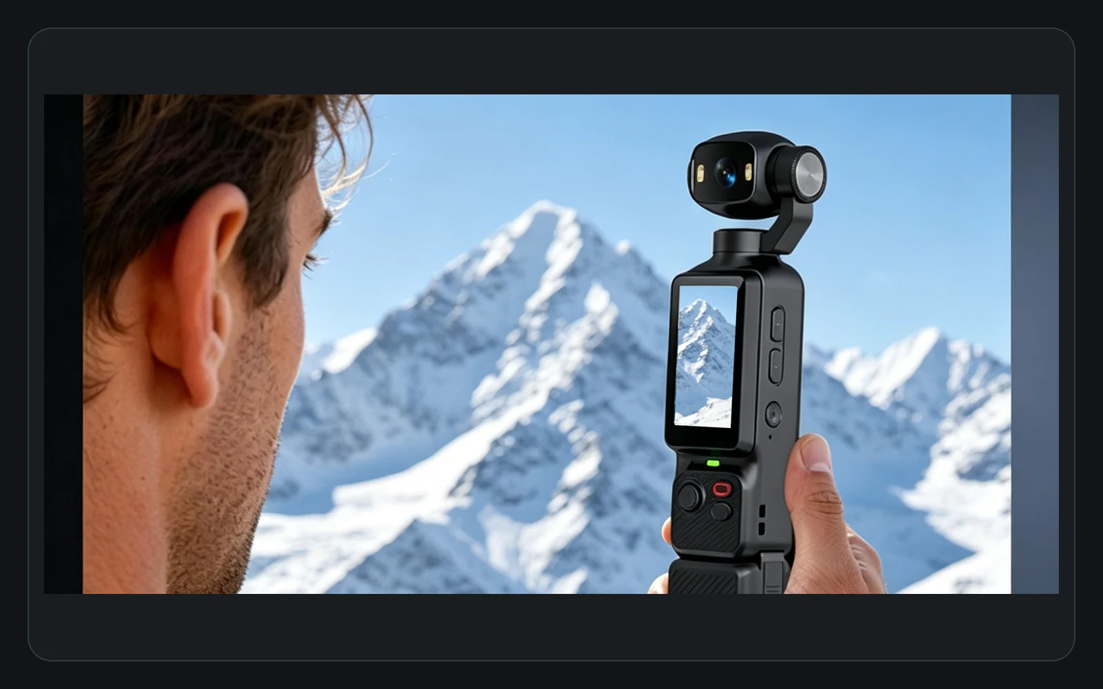 Black AT-H33 camera held against a snow-mountain scene