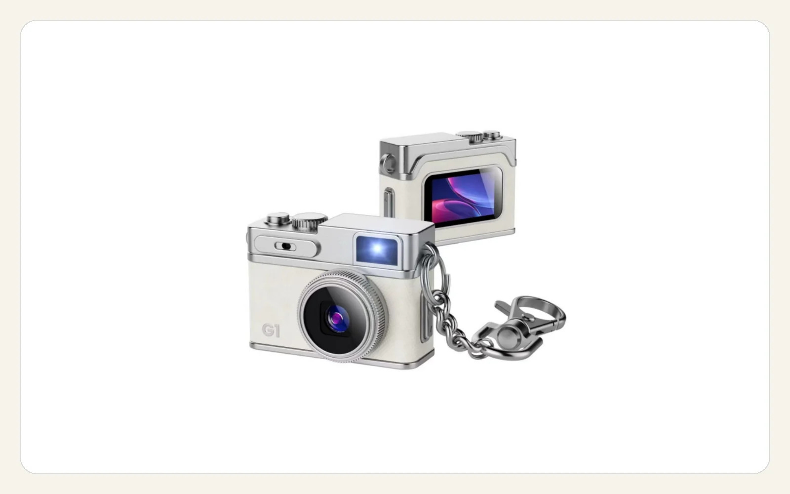 Front and rear views of the white AC-G1 compact camera