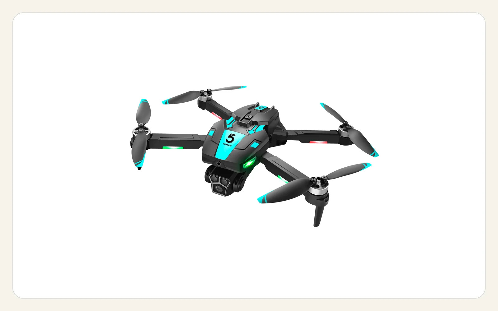 M5S drone with four arms fully extended and green accents on its black airframe